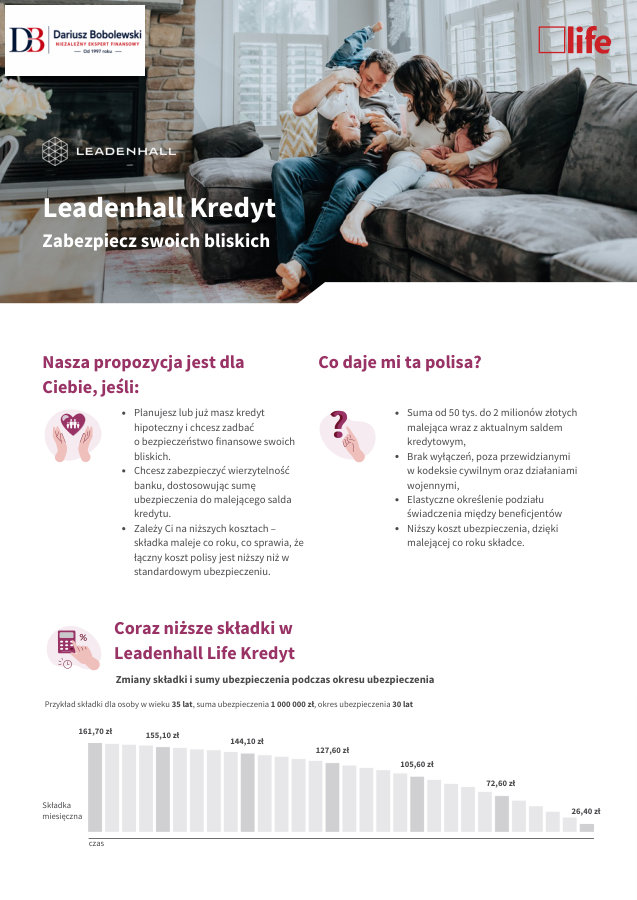 Ulotka Leadenhall Life Kredyt - malejąca suma ubezpieczenia i tabele składek