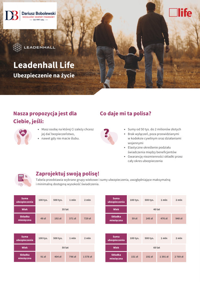 Ulotka Leadenhall Life - ubezpieczenie na życie, tabele sum i składek